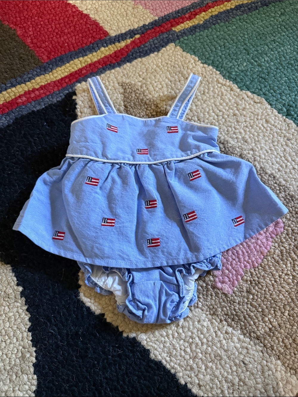 Janie and Jack Light Blue Flag Embroidered Dress with Bloomers